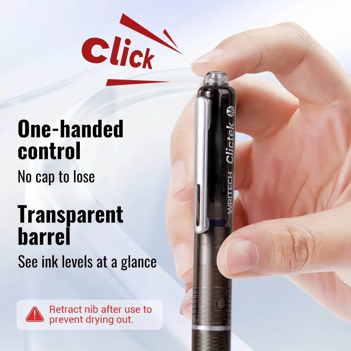 WRITECH Clictek Retractable Fountain Pen Medium Nib Blue Ink Transparent Barrel with 5 Refillable Ink Cartridges | Smooth Writing for Journaling & Calligraphy - view 3