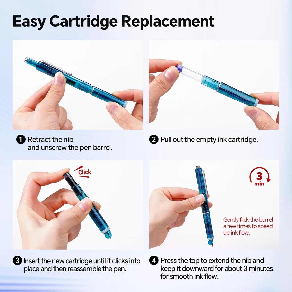 WRITECH Clictek Retractable Fountain Pen Set: Blue Ink Medium Nib, Transparent Barrel, 5 Ink Cartridges | Smooth Writing, No Leaking - view 2
