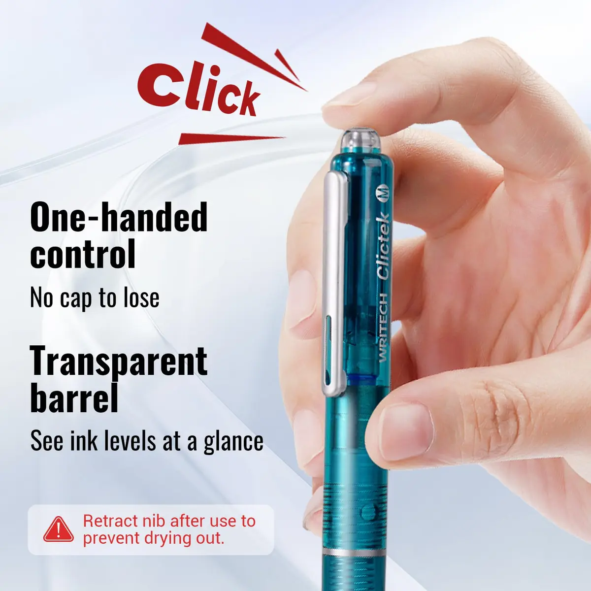 WRITECH Clictek Retractable Fountain Pen Set: Blue Ink Medium Nib, Transparent Barrel, 5 Ink Cartridges | Smooth Writing, No Leaking - view 3