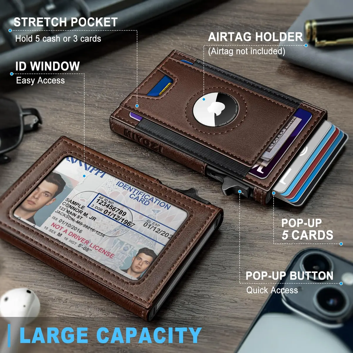 miyozi Airtag Wallet for Men, Slim Pop Up Credit Card Holder RFID Blocking Mens Minimalist wallet for 7-9 Cards ID Window - view 2