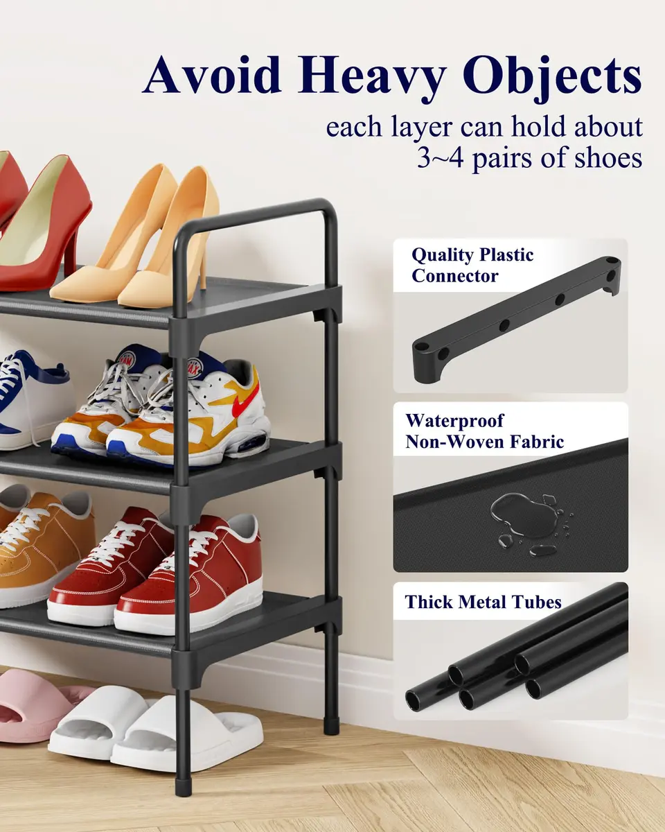 Kitsure 3-Tier Shoe Rack 70.1cm (27.6") Wide | Stackable Black Metal & Fabric Organizer - view 5