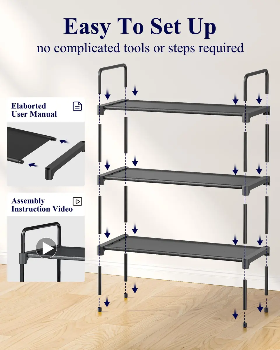 Kitsure 3-Tier Shoe Rack 70.1cm (27.6") Wide | Stackable Black Metal & Fabric Organizer - view 6
