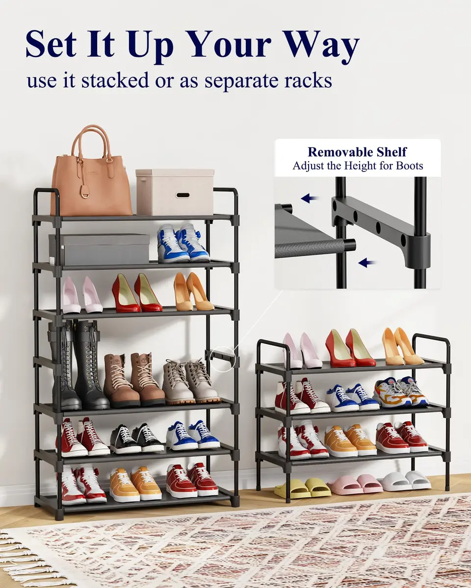 Kitsure 3-Tier Shoe Rack 70.1cm (27.6") Wide | Stackable Black Metal & Fabric Organizer - view 7