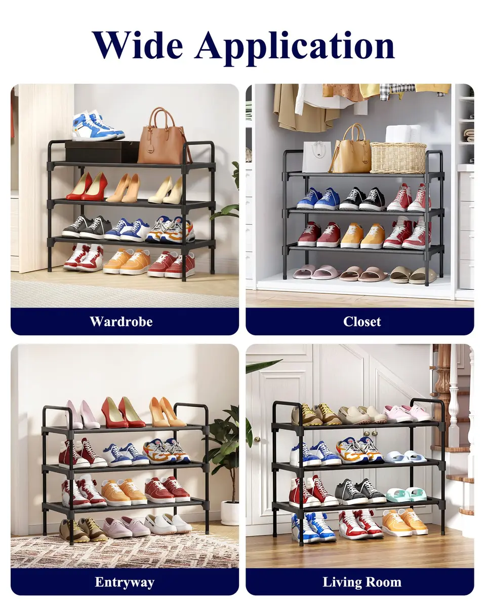 Kitsure 3-Tier Shoe Rack 70.1cm (27.6") Wide | Stackable Black Metal & Fabric Organizer - view 8