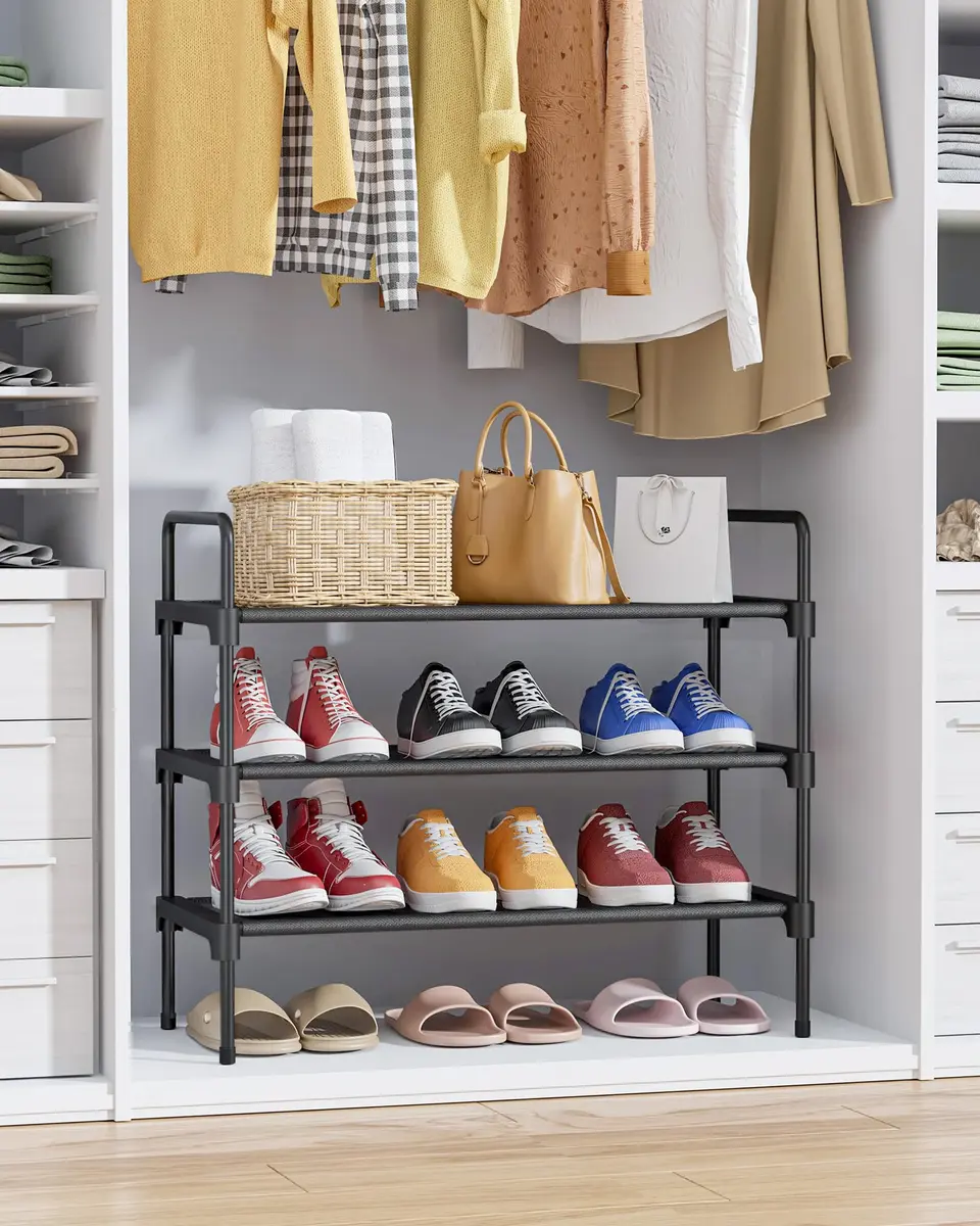 Kitsure 3-Tier Shoe Rack 70.1cm (27.6") Wide | Stackable Black Metal & Fabric Organizer - view 3