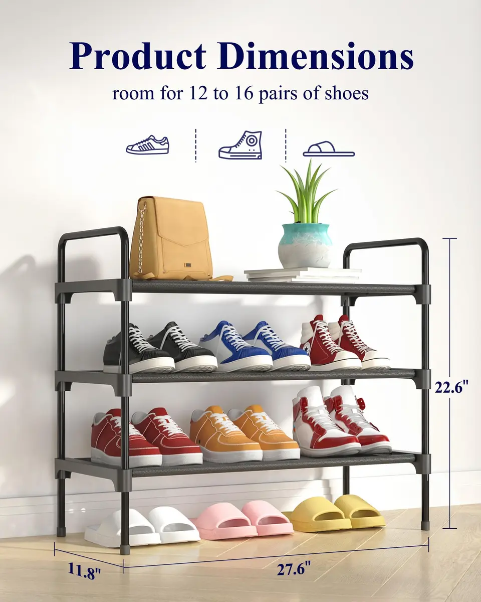 Kitsure 3-Tier Shoe Rack 70.1cm (27.6") Wide | Stackable Black Metal & Fabric Organizer - view 4