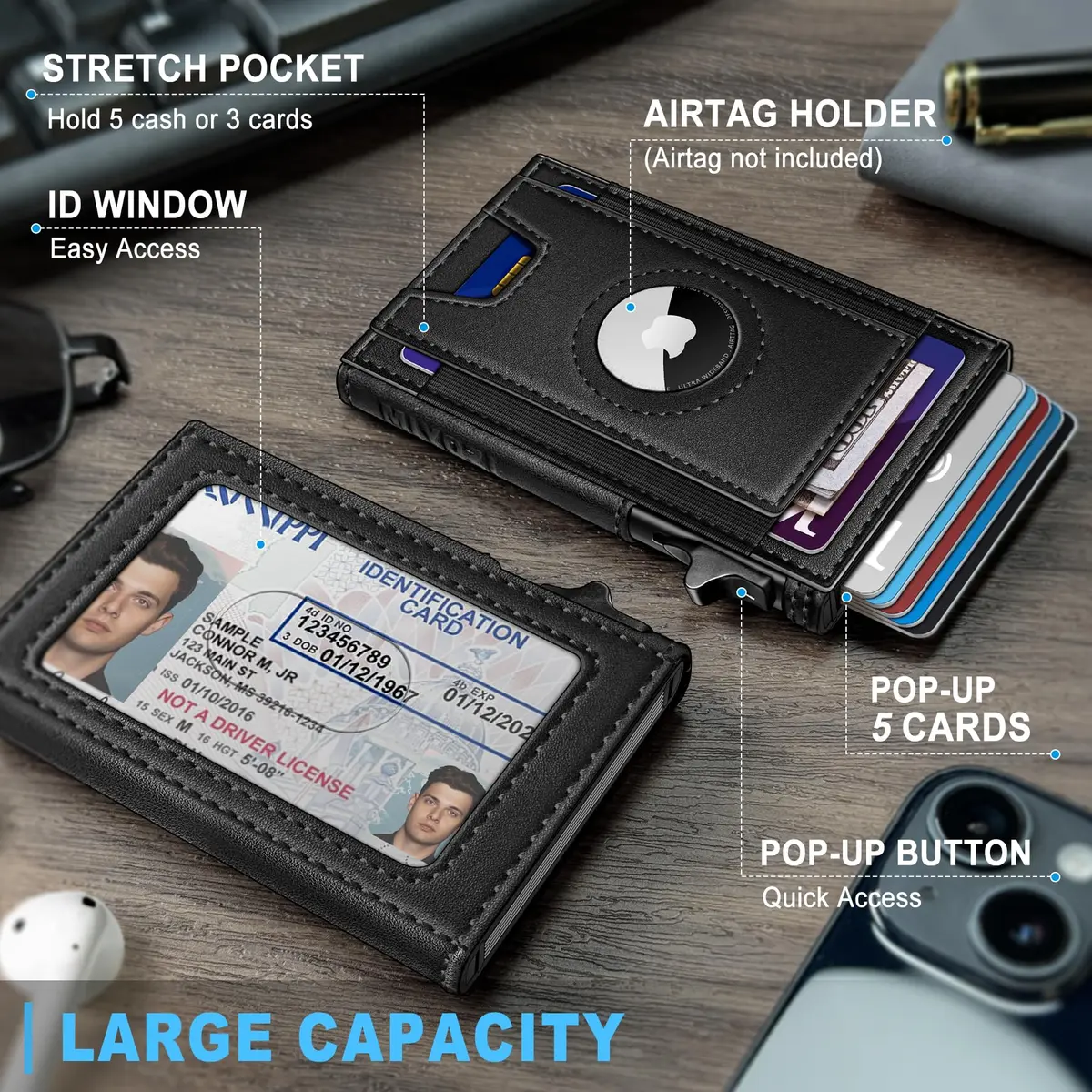 miyozi Airtag Wallet for Men, Slim Pop Up Credit Card Holder RFID Blocking Mens Minimalist wallet for 7-9 Cards ID Window - view 2