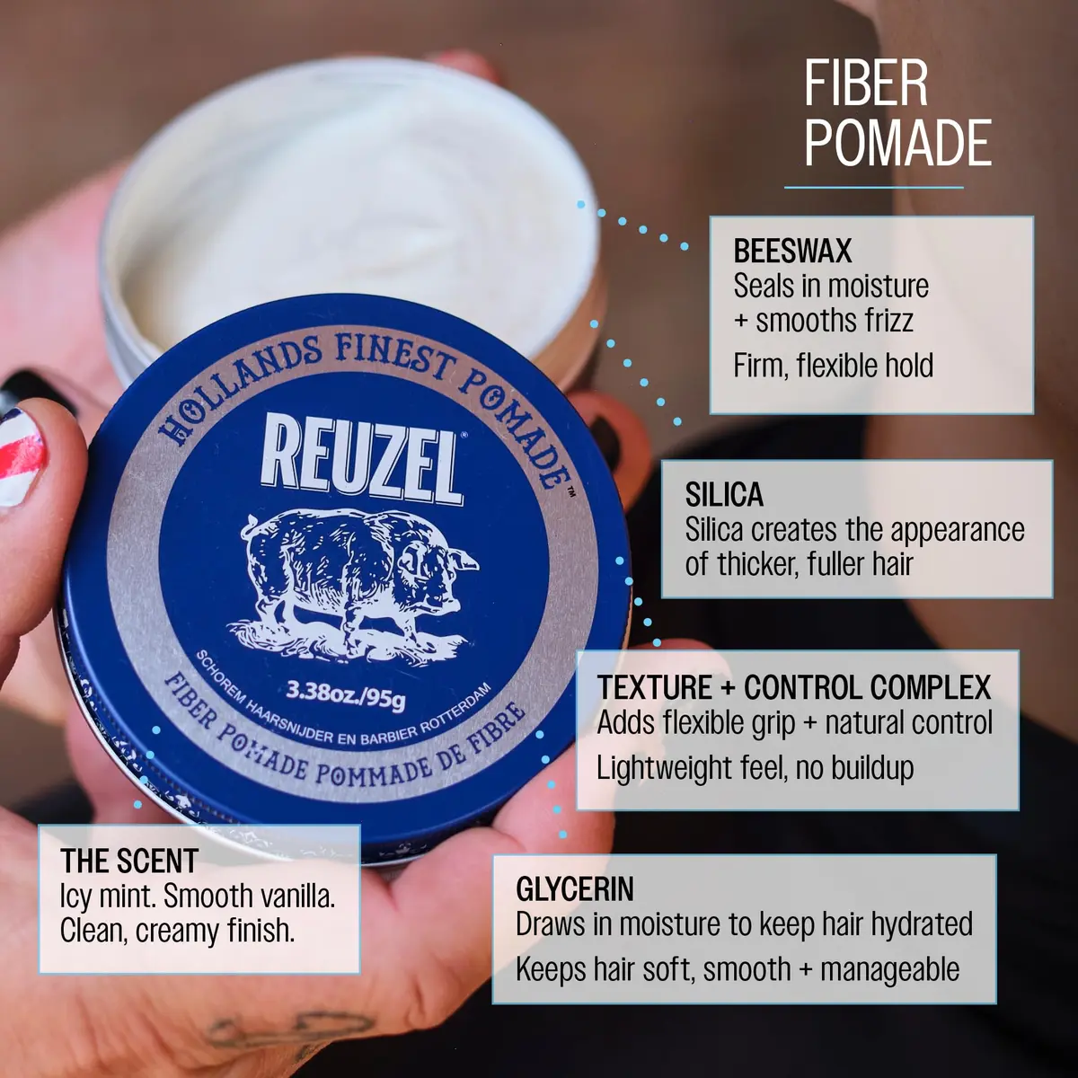 REUZEL Fiber Pomade Strong Hold Low Shine 3.38 oz | Water-Based, Natural Finish, Flexible Control - view 2