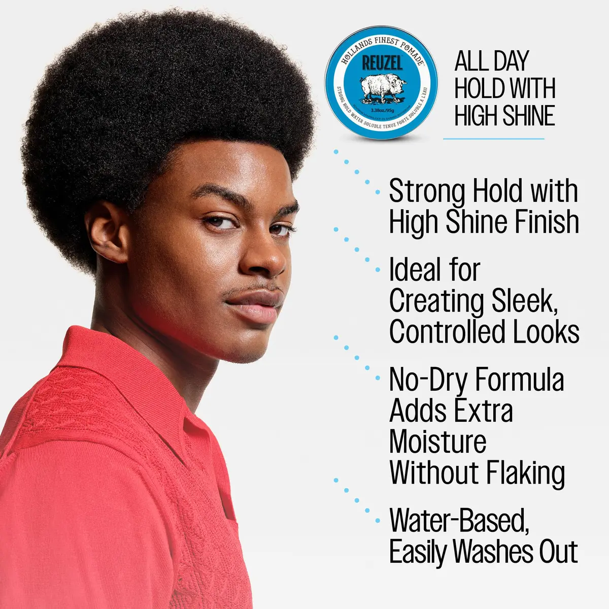 REUZEL Blue Pomade Strong Hold High Shine 3.38 oz | Classic Barber-Style Finish - view 5