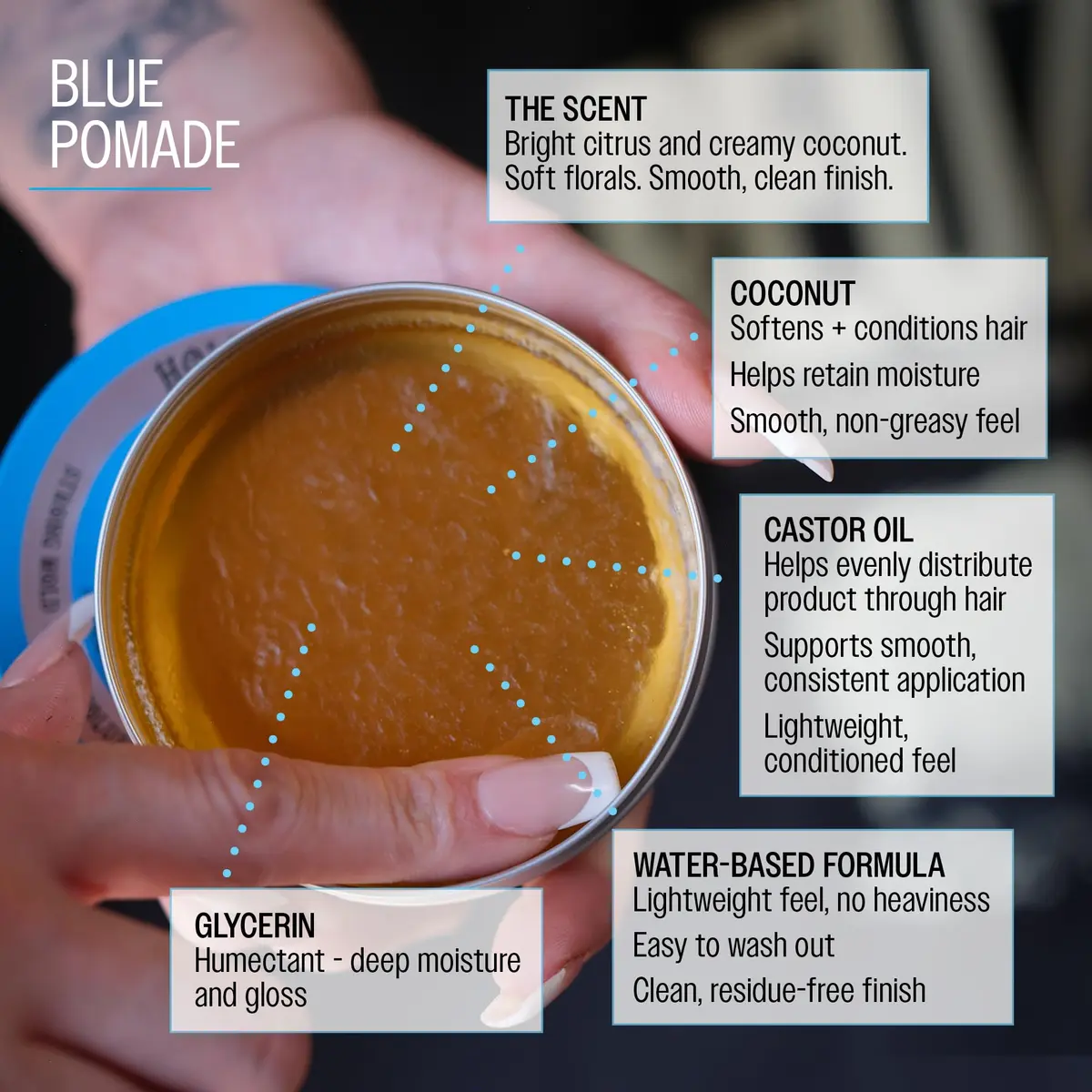 REUZEL Blue Pomade Strong Hold High Shine 3.38 oz | Classic Barber-Style Finish - view 2