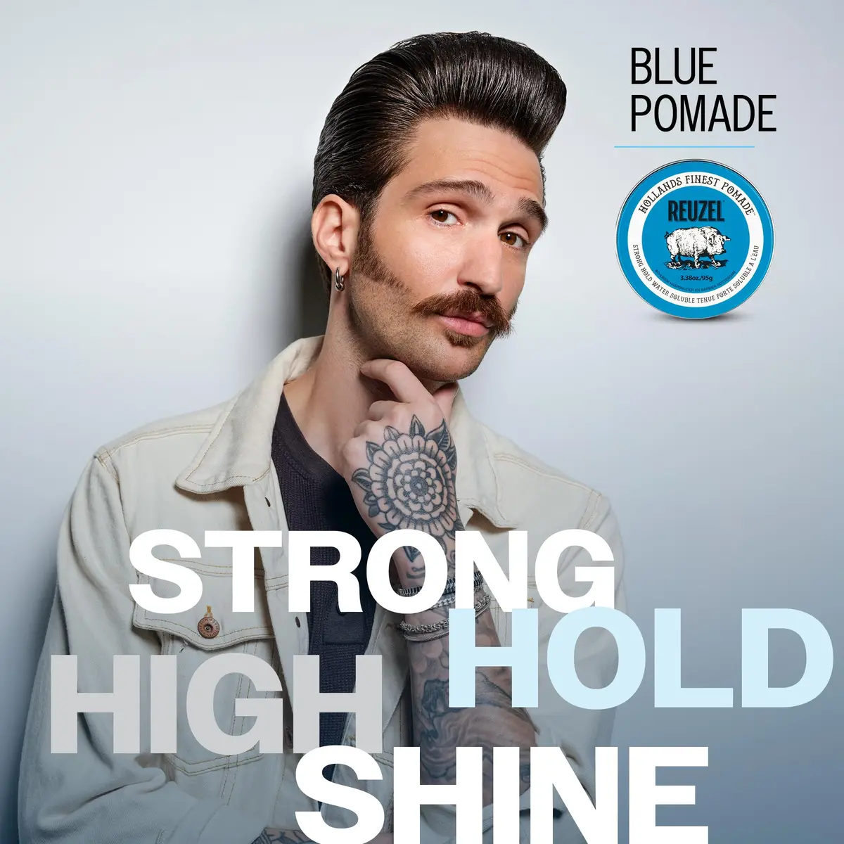 REUZEL Blue Pomade Strong Hold High Shine 3.38 oz | Classic Barber-Style Finish - view 4