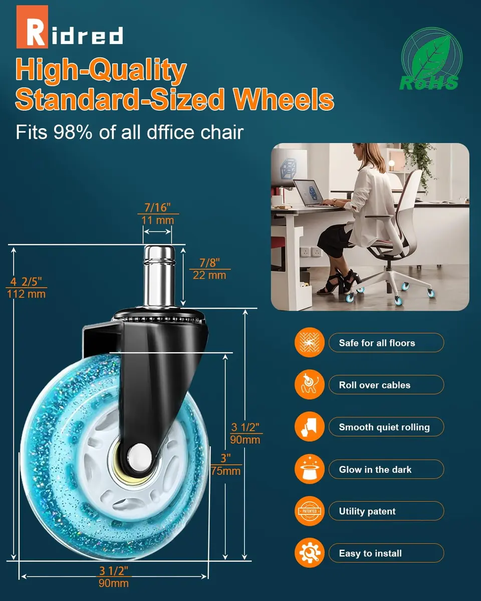 RidRed Heavy-Duty Office Chair Wheels 7.62 cm (3 Inch) Sparkling Sky Blue | Smooth Rolling, Noise-Free, Universal Fit - view 9