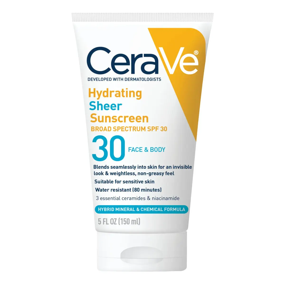 CeraVe Hydrating Sheer Sunscreen SPF 30 with Hyaluronic Acid, 148ml (5 Fl Oz) | Broad Spectrum UVA/UVB Protection - main product image