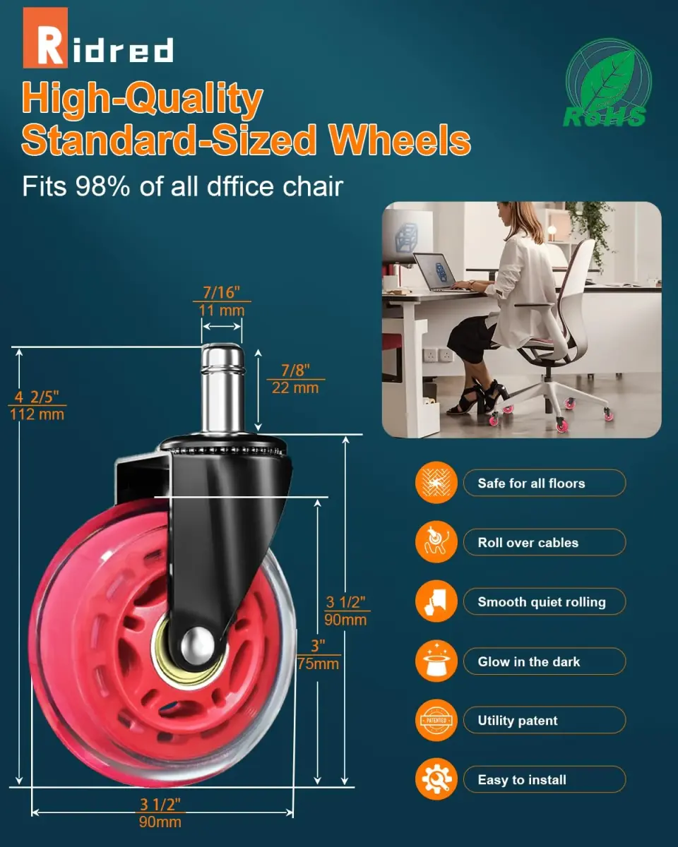 RidRed Heavy-Duty Office Chair Wheels - 5-Pack, 3-Inch Diameter, Red | Smooth Rolling, Noise-Free, Universal Fit - view 6