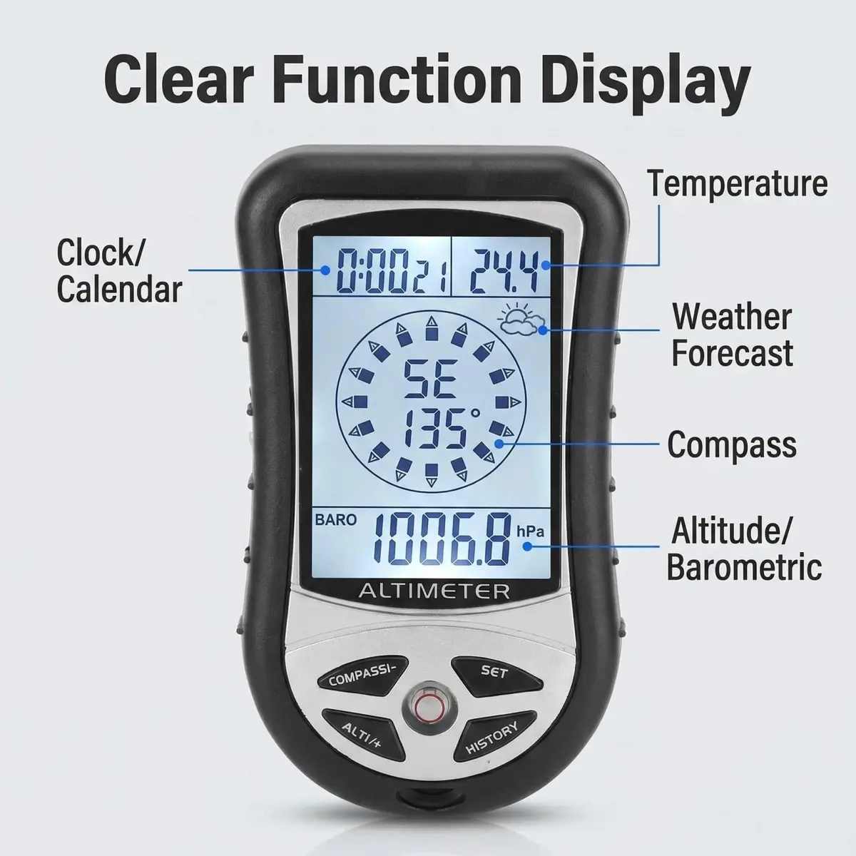 Kodrily Digital Altimeter, Compass & Thermometer | 8-in-1 Hiking Tool, -2300 to 29500FT, 1100MBAR, 0°C-60°C | India Import - view 5
