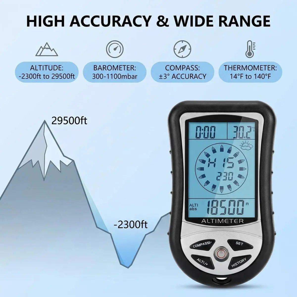 Kodrily Digital Altimeter, Compass & Thermometer | 8-in-1 Hiking Tool, -2300 to 29500FT, 1100MBAR, 0°C-60°C | India Import - view 7