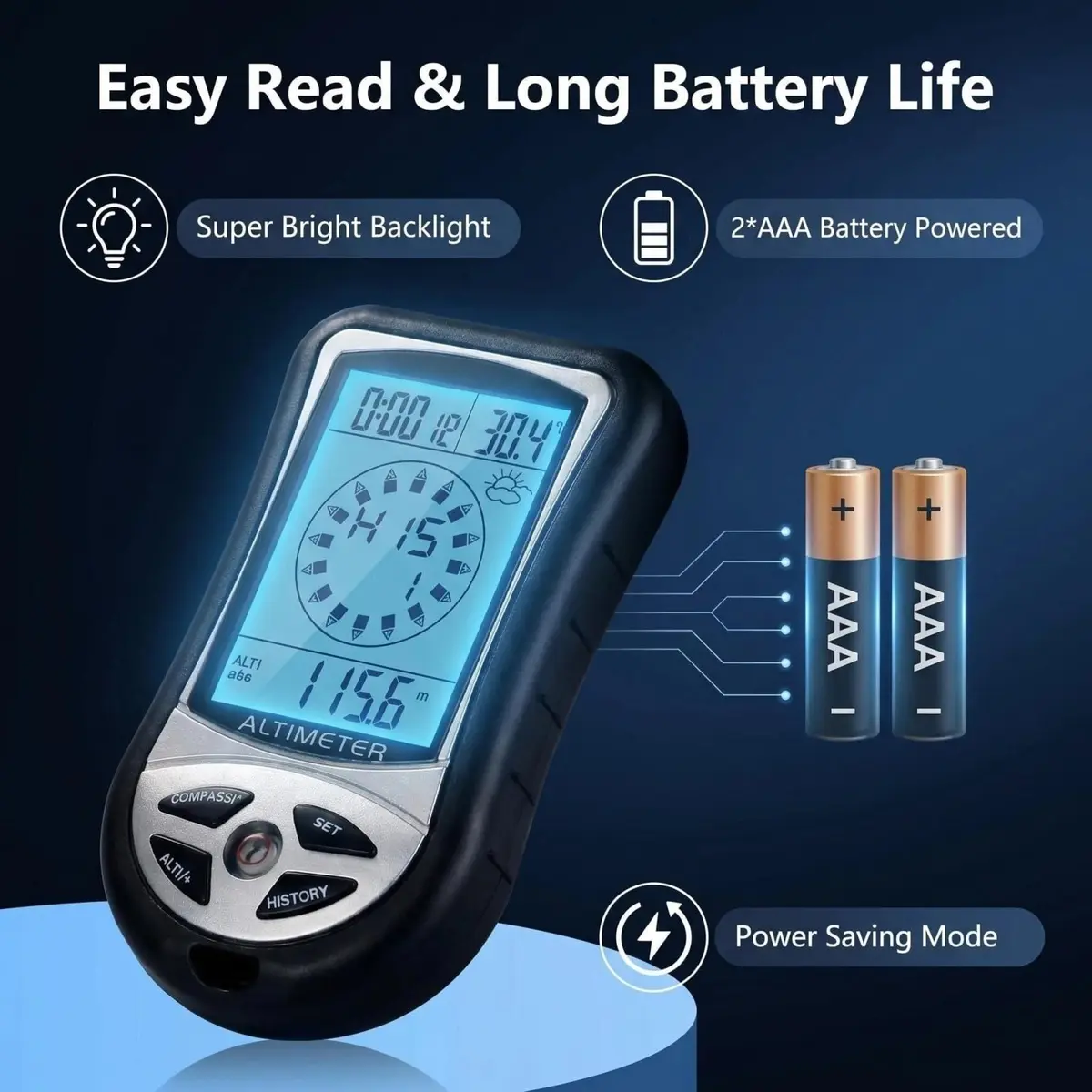 Kodrily Digital Altimeter, Compass & Thermometer | 8-in-1 Hiking Tool, -2300 to 29500FT, 1100MBAR, 0°C-60°C | India Import - view 8