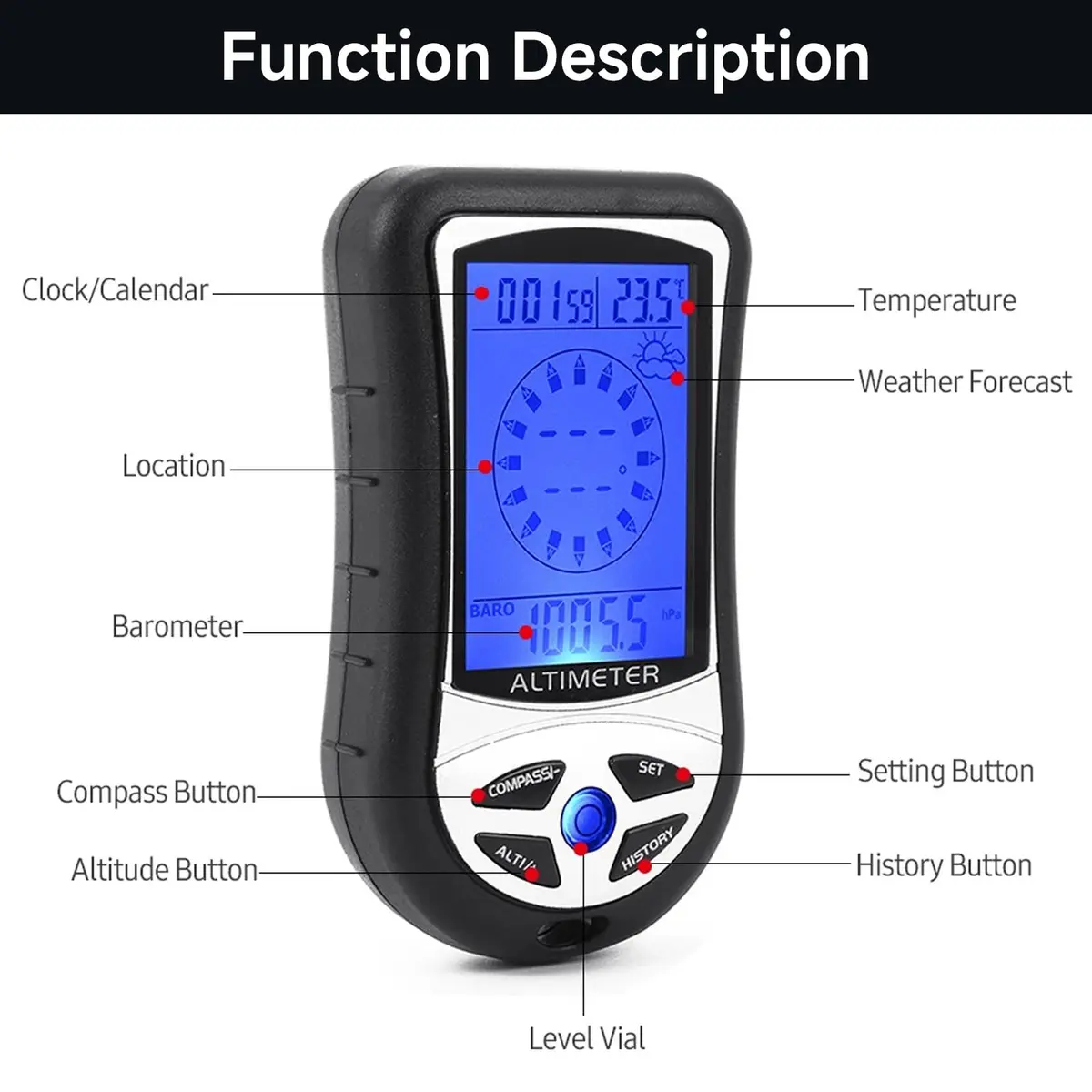 Kodrily Digital Altimeter, Compass & Thermometer | 8-in-1 Hiking Tool, -2300 to 29500FT, 1100MBAR, 0°C-60°C | India Import - view 4