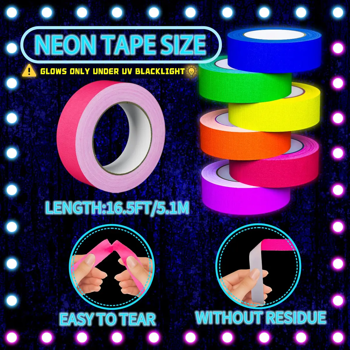 SWRT Neon Gaffer Cloth Tape 6 Rolls, 0.6 in x 16.5 Ft Each | UV Reactive for Parties & Decor - view 2