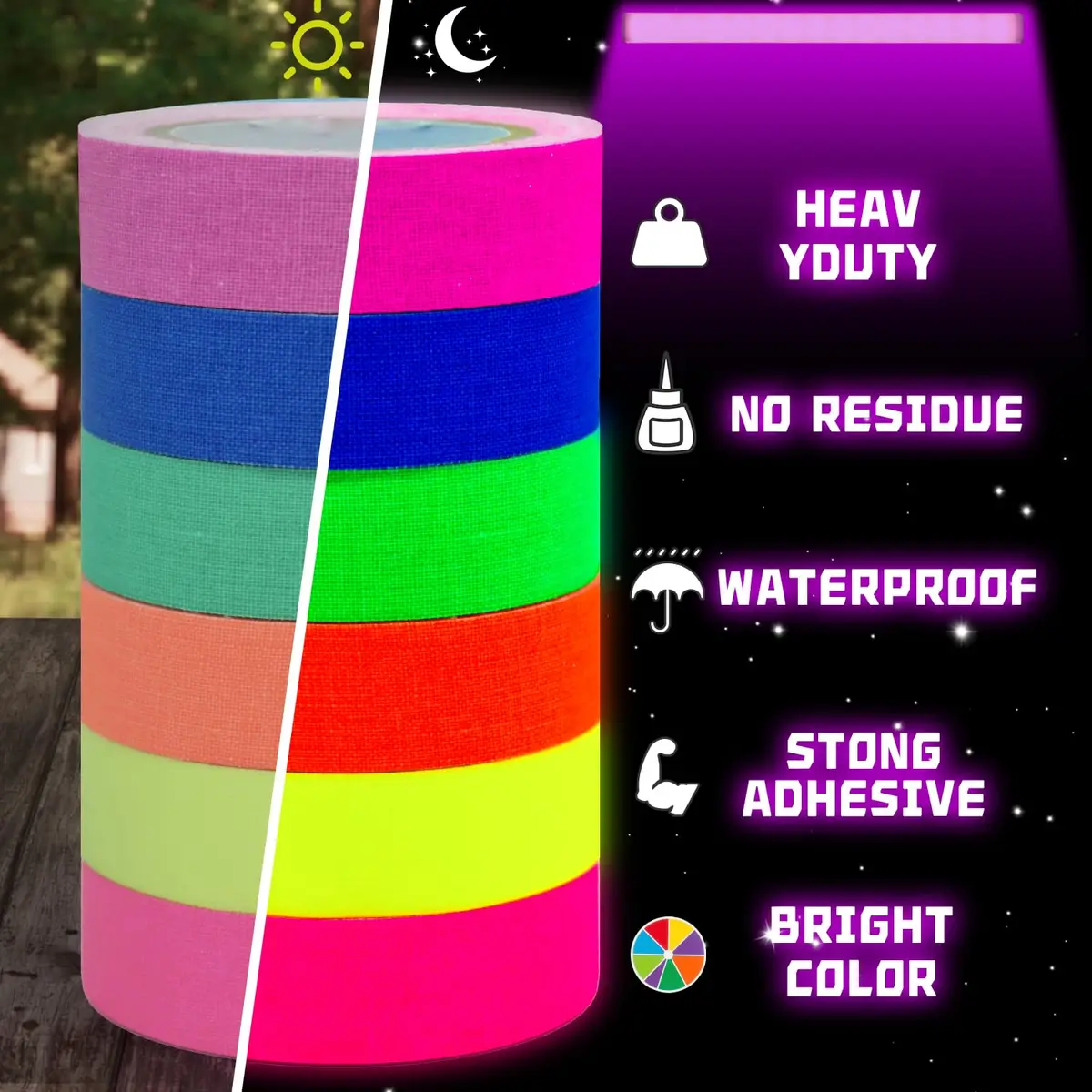SWRT Neon Gaffer Cloth Tape 6 Rolls, 0.6 in x 16.5 Ft Each | UV Reactive for Parties & Decor - view 4