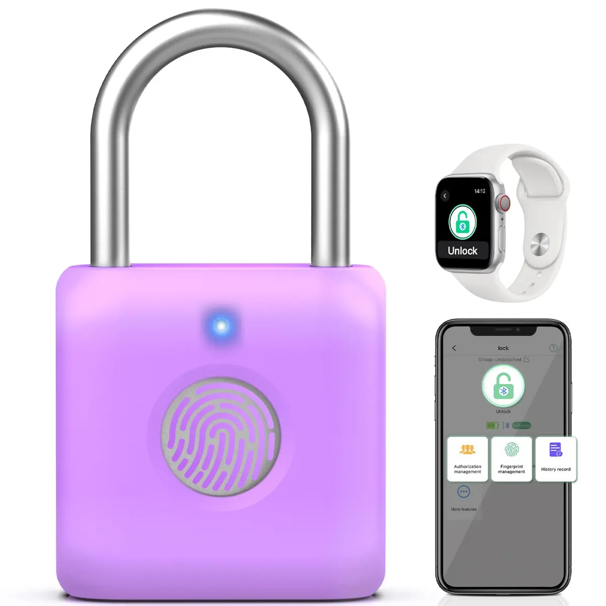Pothunder Fingerprint Padlock, Smart Lock, Locker Lock, APP Unlock, USB Rechargeable, Lavender Purple | High Recognition Rate - main product image