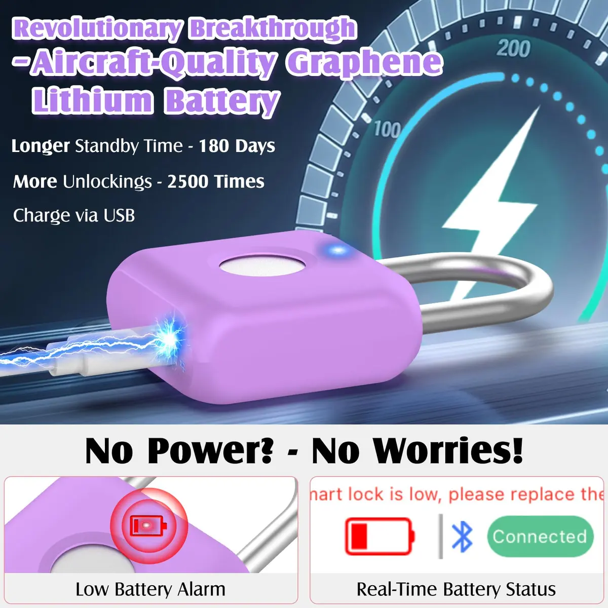 Pothunder Fingerprint Padlock, Smart Lock, Locker Lock, APP Unlock, USB Rechargeable, Lavender Purple | High Recognition Rate - view 5