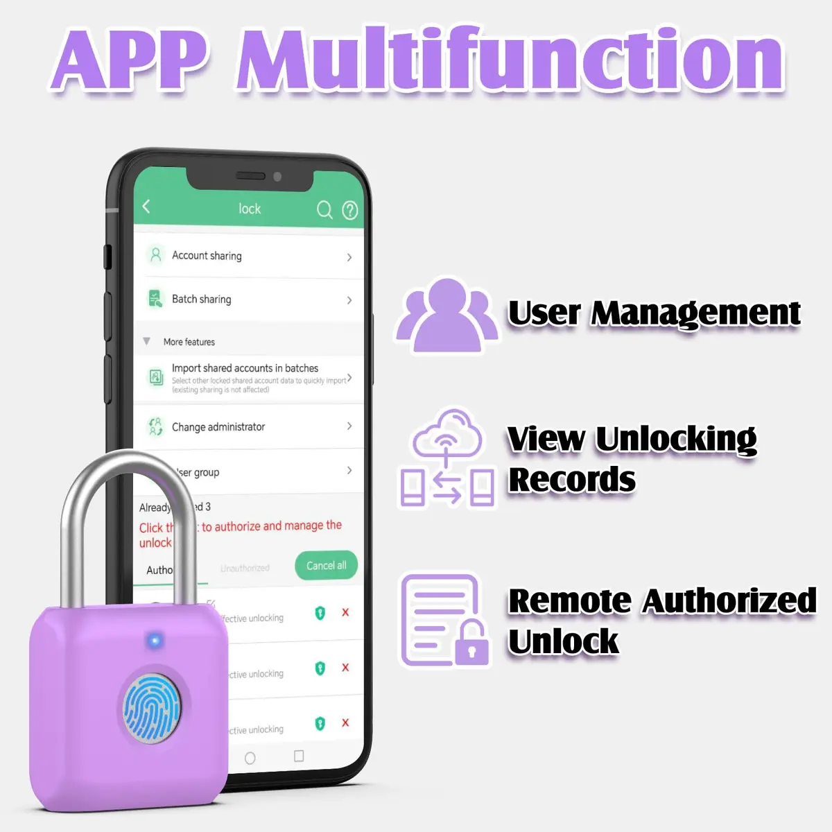 Pothunder Fingerprint Padlock, Smart Lock, Locker Lock, APP Unlock, USB Rechargeable, Lavender Purple | High Recognition Rate - view 7
