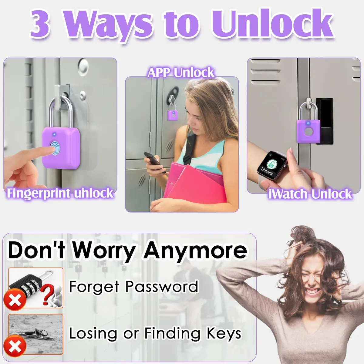 Pothunder Fingerprint Padlock, Smart Lock, Locker Lock, APP Unlock, USB Rechargeable, Lavender Purple | High Recognition Rate - view 2