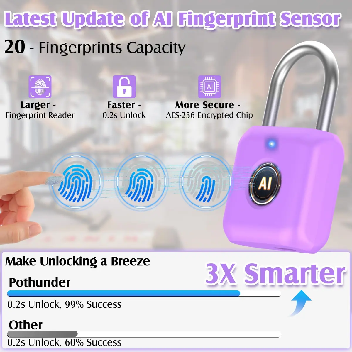 Pothunder Fingerprint Padlock, Smart Lock, Locker Lock, APP Unlock, USB Rechargeable, Lavender Purple | High Recognition Rate - view 3