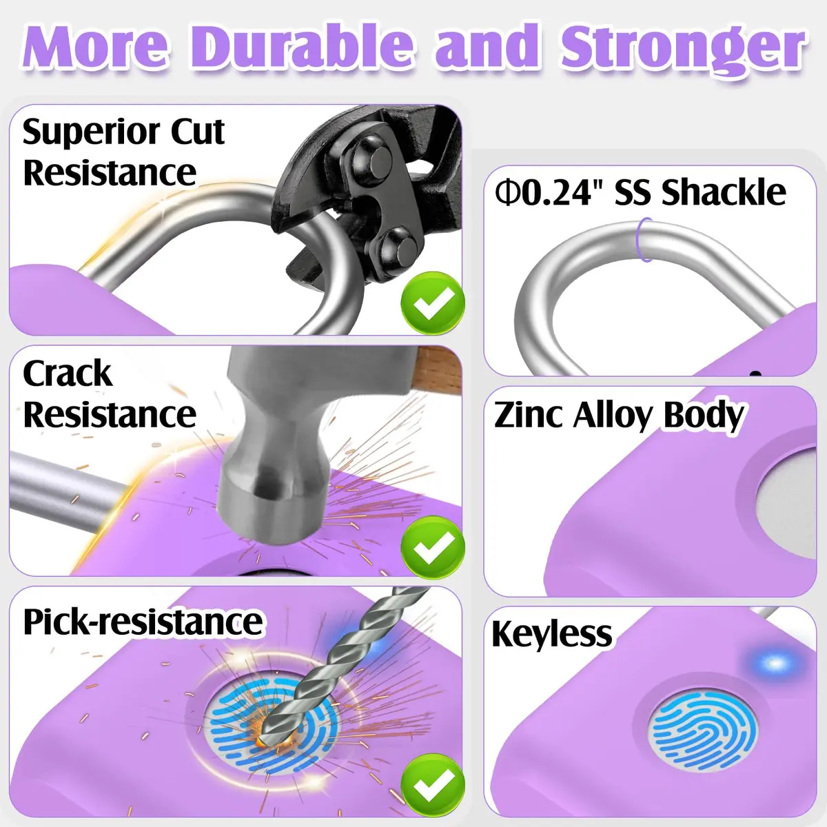 Pothunder Fingerprint Padlock, Smart Lock, Locker Lock, APP Unlock, USB Rechargeable, Lavender Purple | High Recognition Rate - view 4