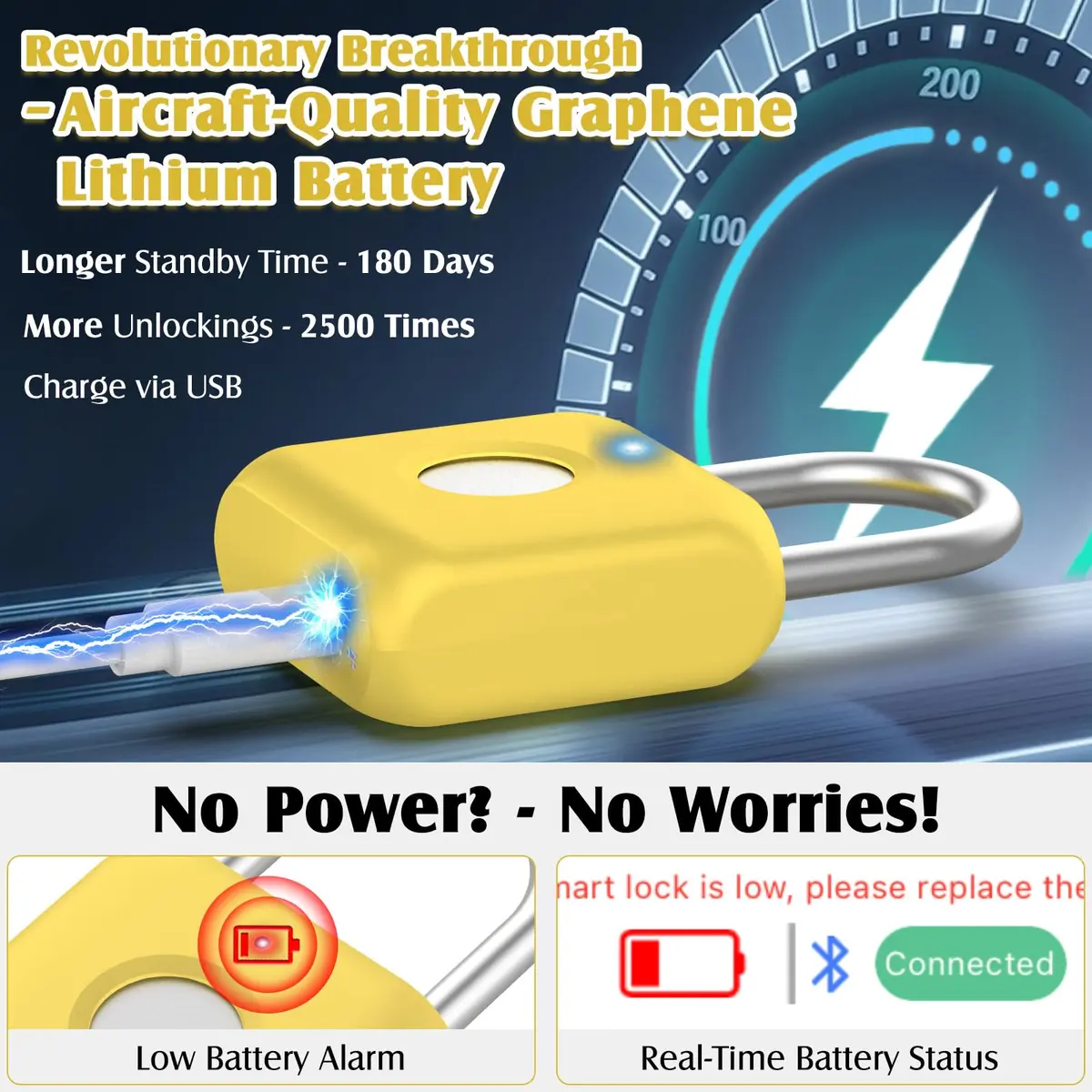 Pothunder Fingerprint Padlock, Smart Lock with APP Unlock, USB Rechargeable, Suitable for Gym Locker, Locker (Lemon Yellow) | Biometric Security - view 5