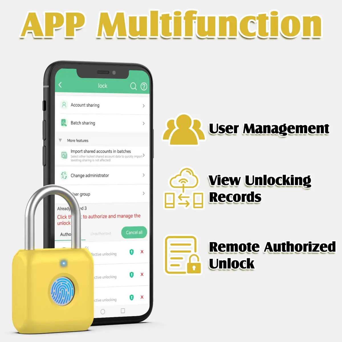 Pothunder Fingerprint Padlock, Smart Lock with APP Unlock, USB Rechargeable, Suitable for Gym Locker, Locker (Lemon Yellow) | Biometric Security - view 7