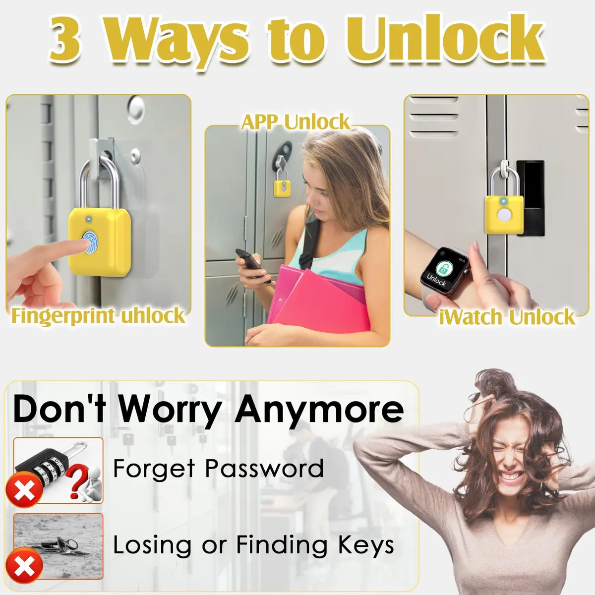 Pothunder Fingerprint Padlock, Smart Lock with APP Unlock, USB Rechargeable, Suitable for Gym Locker, Locker (Lemon Yellow) | Biometric Security - view 2