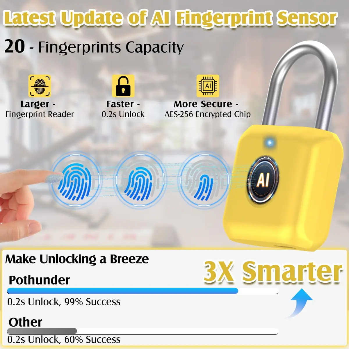 Pothunder Fingerprint Padlock, Smart Lock with APP Unlock, USB Rechargeable, Suitable for Gym Locker, Locker (Lemon Yellow) | Biometric Security - view 3