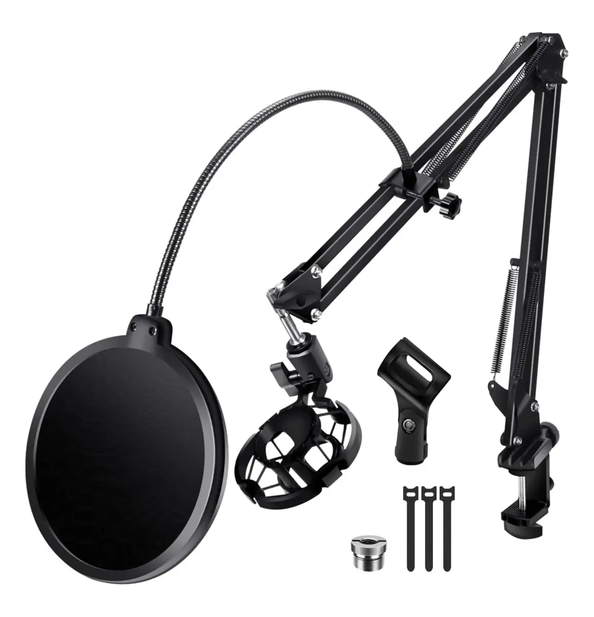 BILIONE Versatile Boom Arm Stand for Desk, Adjustable Microphone Stand Kit with Pop Filter, Shock Mount, Mic Clip, Cable Ties, Table Clamp (Black) - main product image