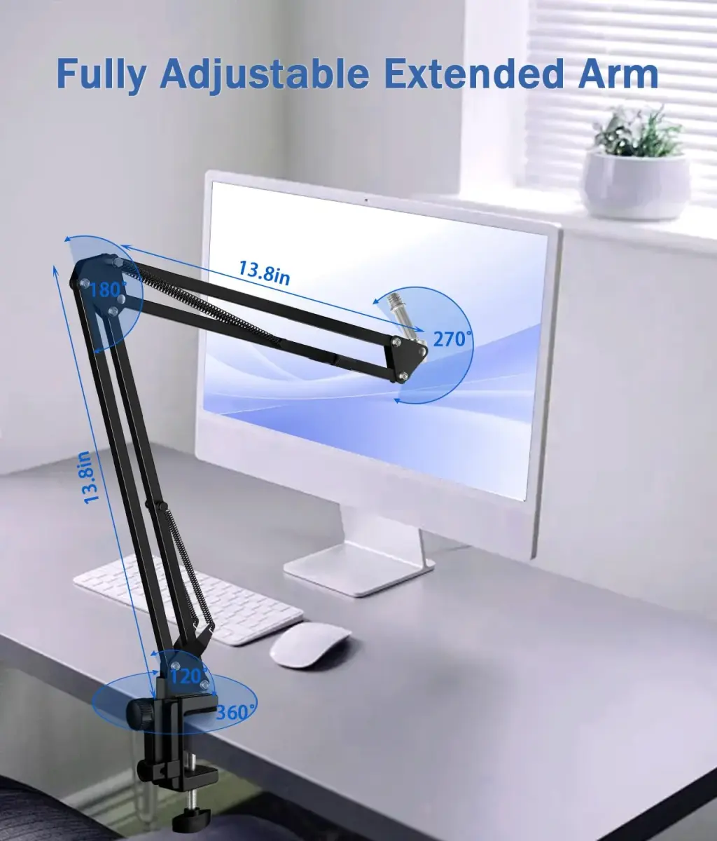 BILIONE Versatile Boom Arm Stand for Desk, Adjustable Microphone Stand Kit with Pop Filter, Shock Mount, Mic Clip, Cable Ties, Table Clamp (Black) - view 5