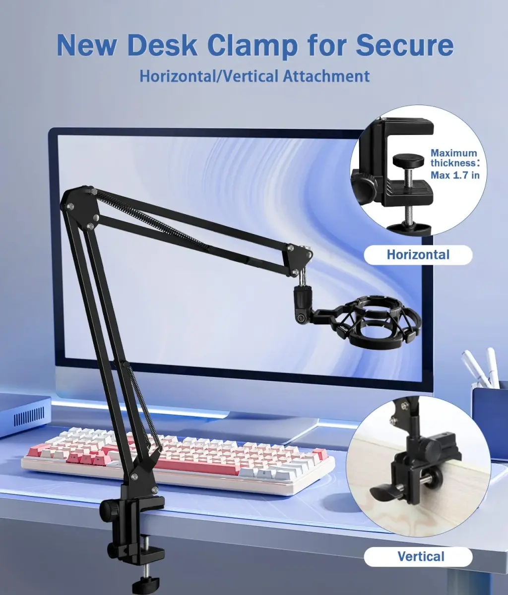 BILIONE Versatile Boom Arm Stand for Desk, Adjustable Microphone Stand Kit with Pop Filter, Shock Mount, Mic Clip, Cable Ties, Table Clamp (Black) - view 2
