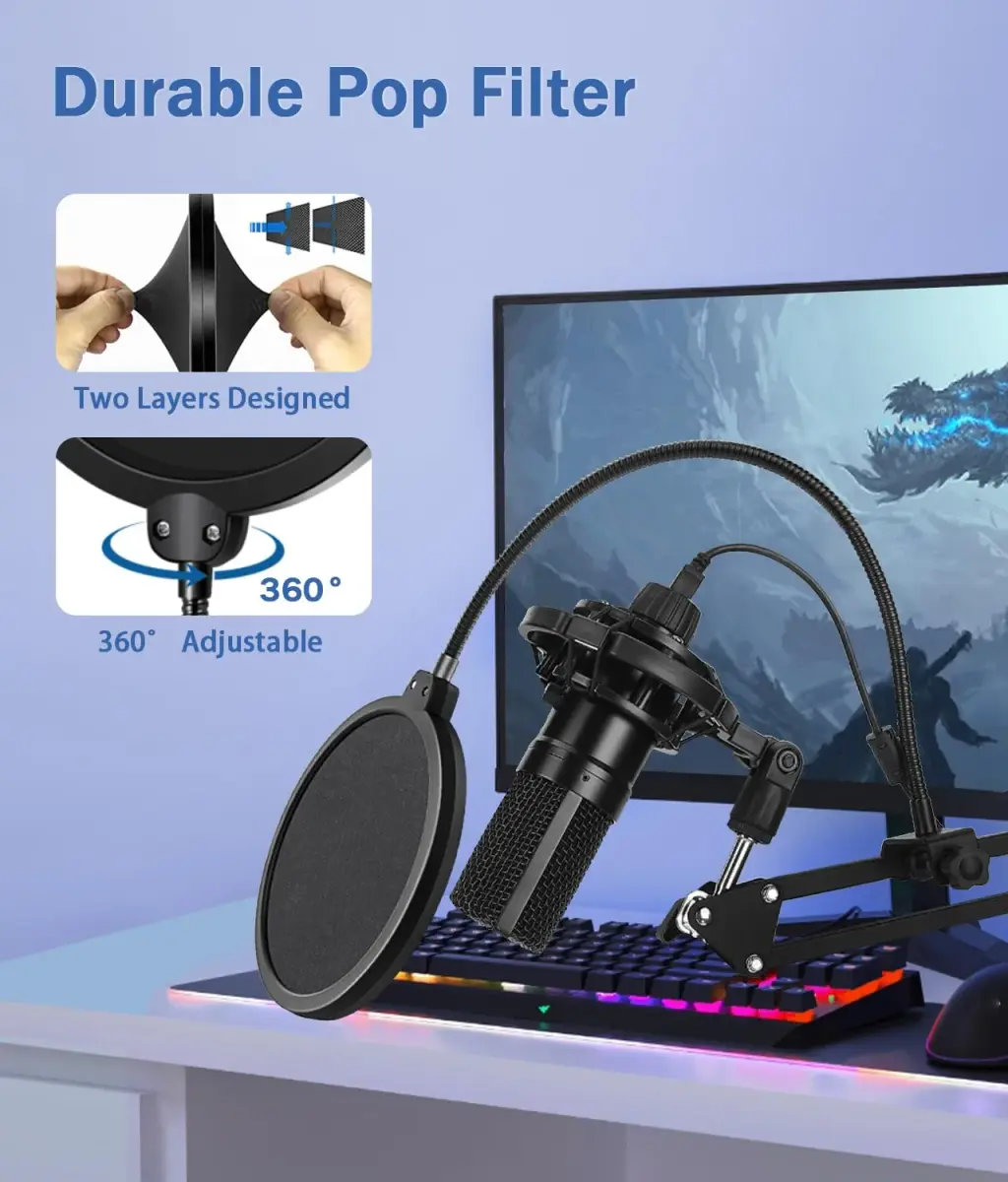 BILIONE Versatile Boom Arm Stand for Desk, Adjustable Microphone Stand Kit with Pop Filter, Shock Mount, Mic Clip, Cable Ties, Table Clamp (Black) - view 4
