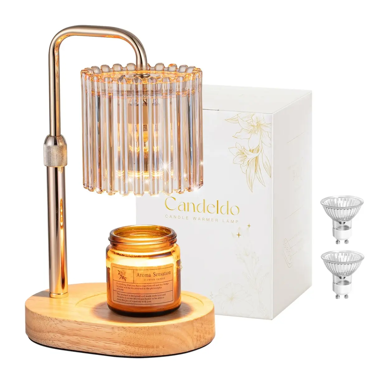 Candeldo Candle Warmer Lamp with Timer: Amber Metal & Glass, Adjustable Height, Safe & Smoke-Free (70-120 chars) - main product image