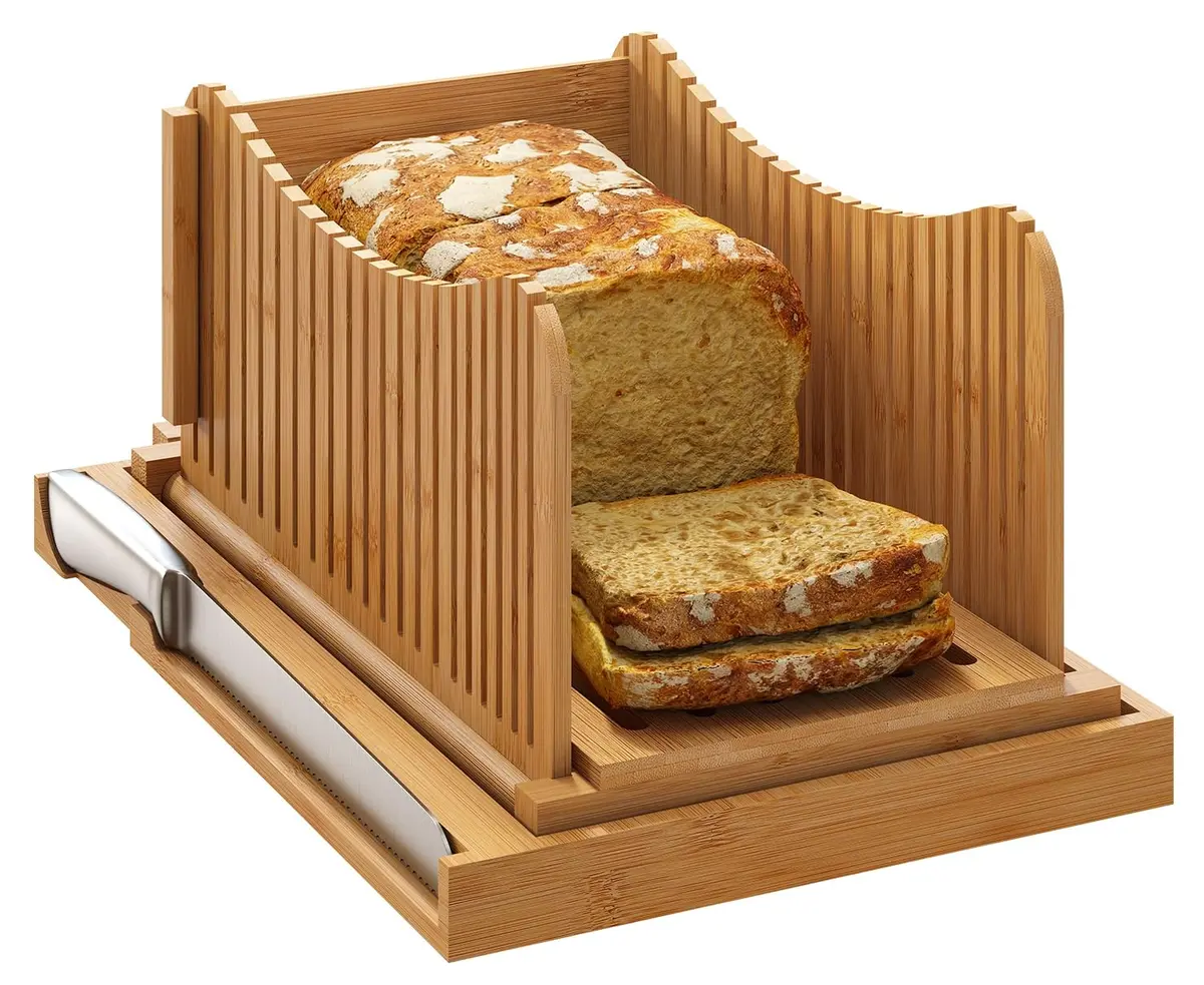 Vriccc Large Bamboo Bread Slicer with Serrated Knife | Adjustable 3 Thickness Sizes, Foldable & Compact (16"L x 10.6"W) - main product image