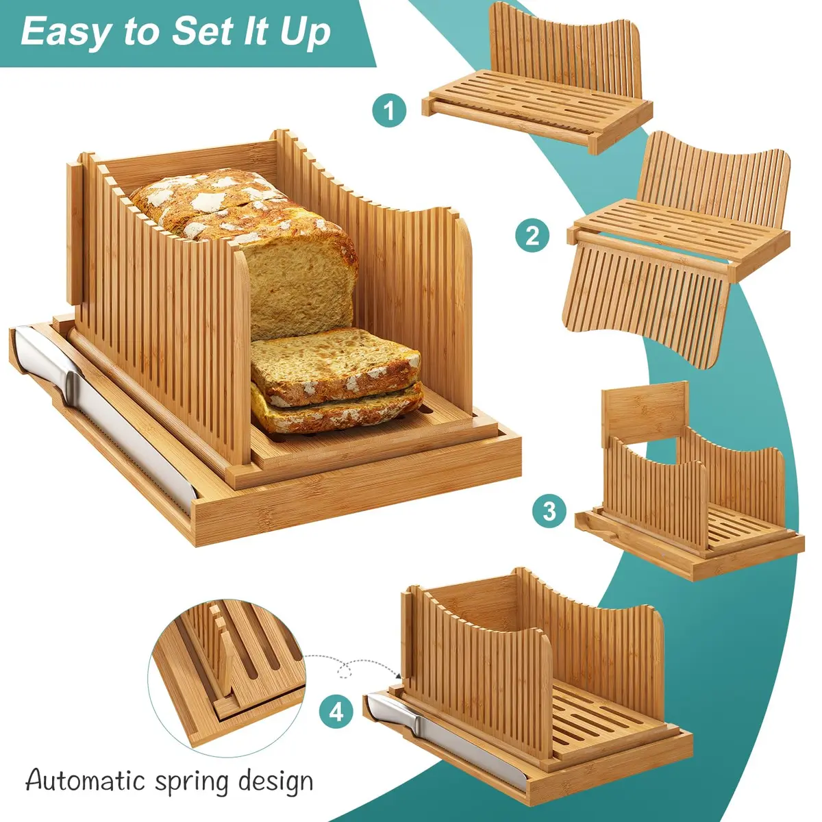 Vriccc Large Bamboo Bread Slicer with Serrated Knife | Adjustable 3 Thickness Sizes, Foldable & Compact (16"L x 10.6"W) - view 7