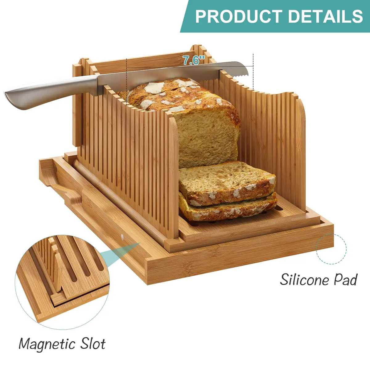 Vriccc Large Bamboo Bread Slicer with Serrated Knife | Adjustable 3 Thickness Sizes, Foldable & Compact (16"L x 10.6"W) - view 3