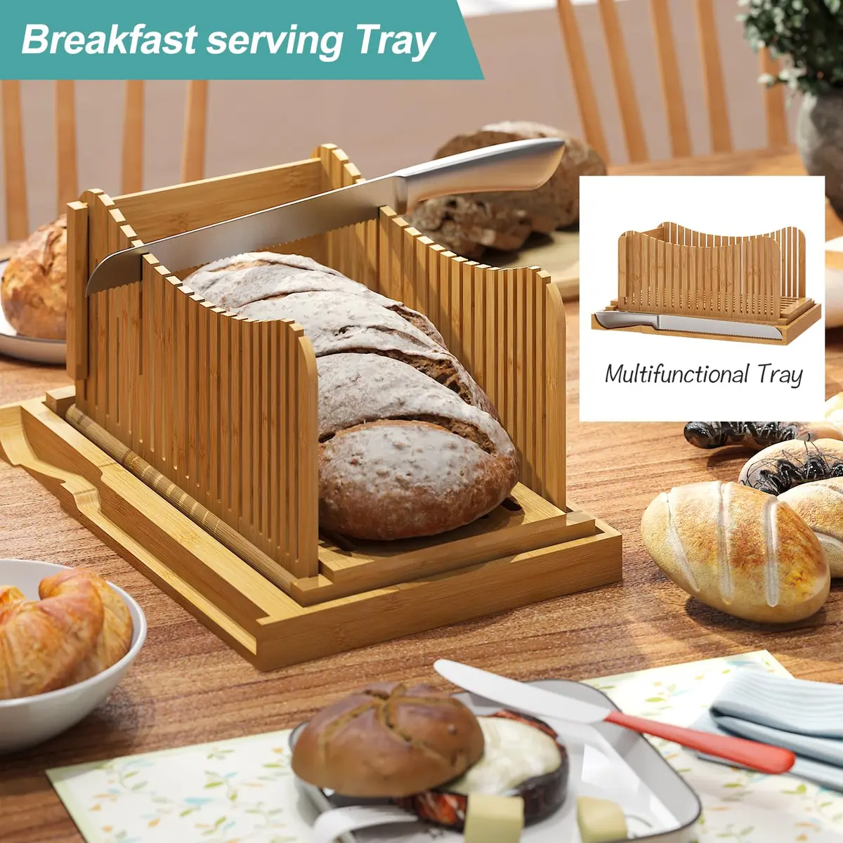 Vriccc Large Bamboo Bread Slicer with Serrated Knife | Adjustable 3 Thickness Sizes, Foldable & Compact (16"L x 10.6"W) - view 4