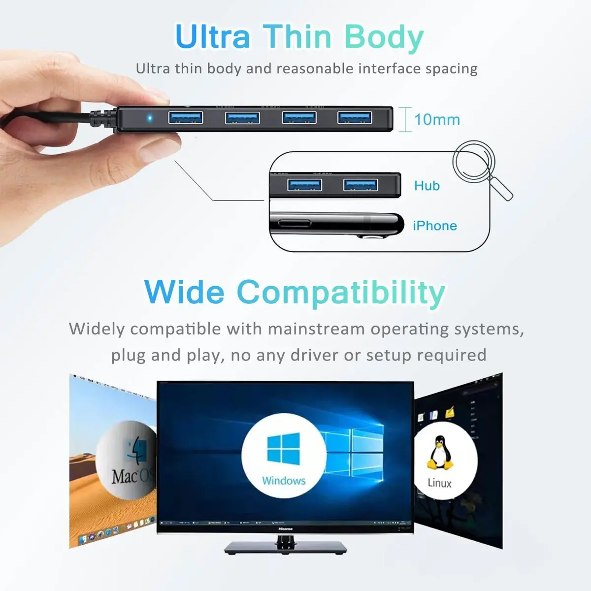VIENON USB 3.0 Hub 4-Port 5Gbps | 12.7 cm (0.5 in) Slim Body, Plug & Play - view 8
