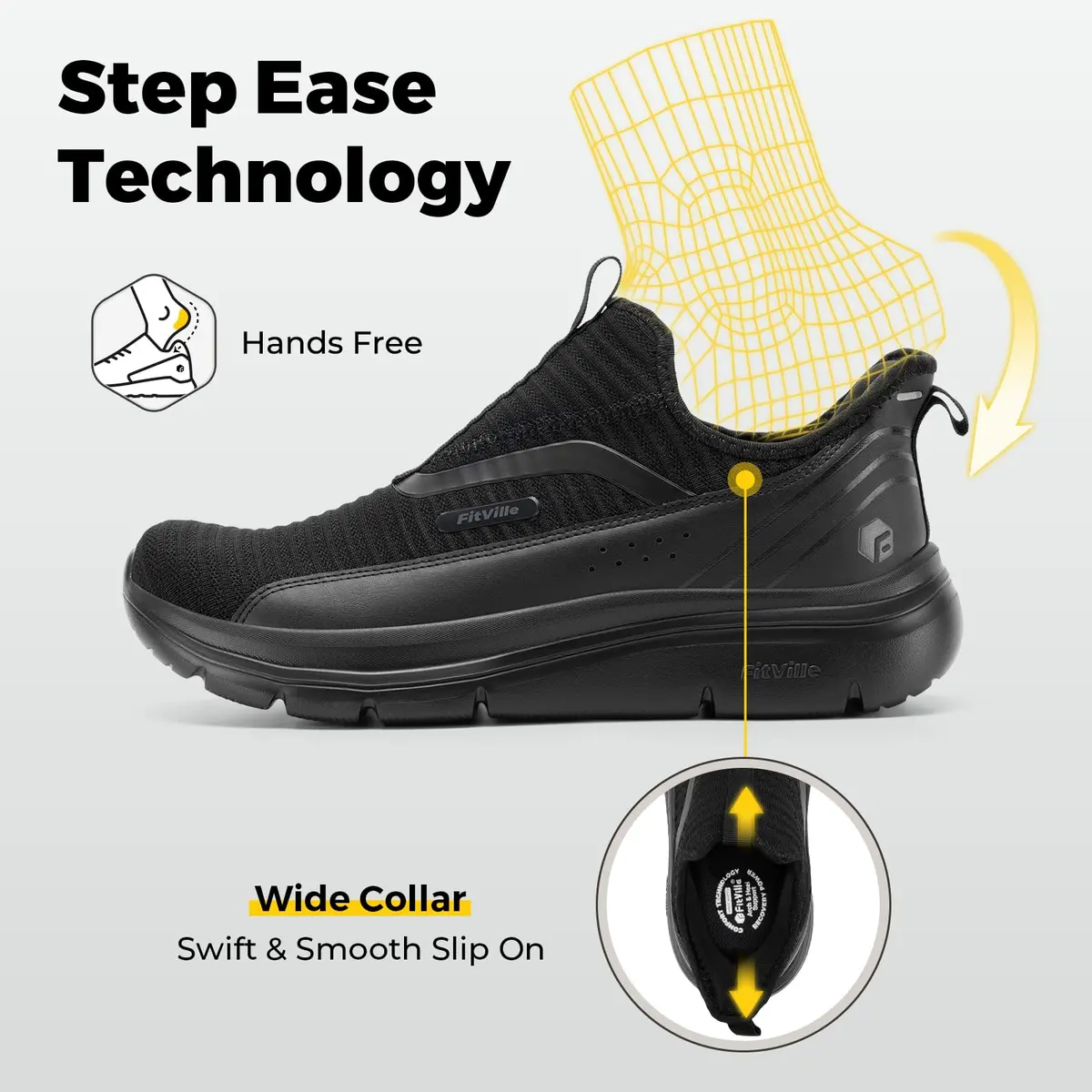 FitVille Men's Extra Wide Slip-On Walking Shoes with Arch Support & Step Ease V2 - 13 X-Wide, Jet Black | Hands-Free Comfort for Foot Pain Relief - view 4