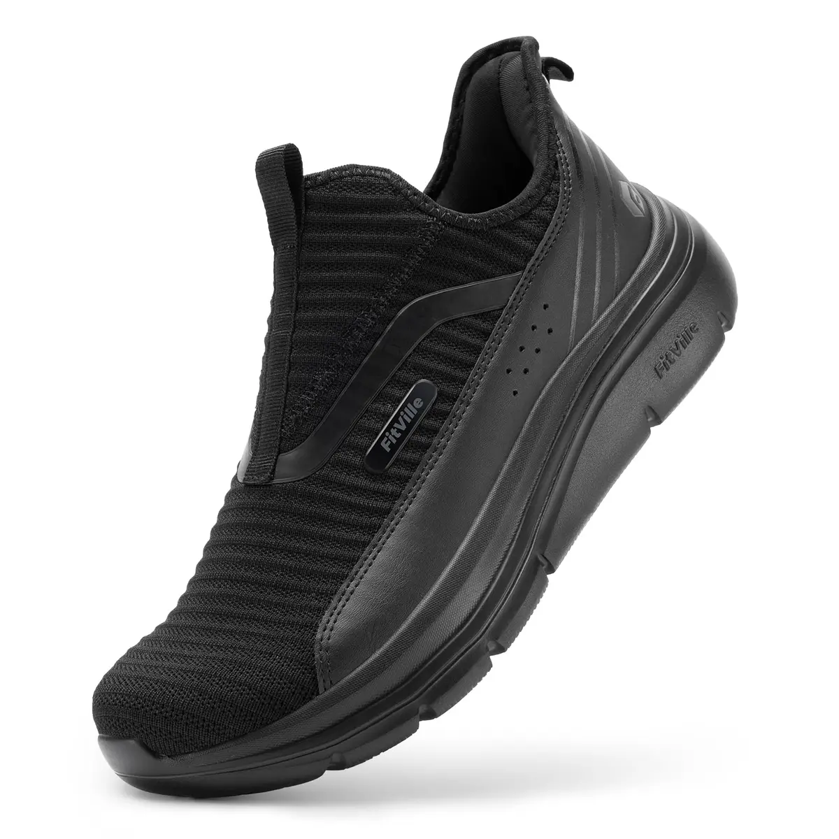 FitVille Men's Extra Wide Slip-On Walking Shoes with Arch Support & Step Ease V2 - 13 X-Wide, Jet Black | Hands-Free Comfort for Foot Pain Relief - main product image