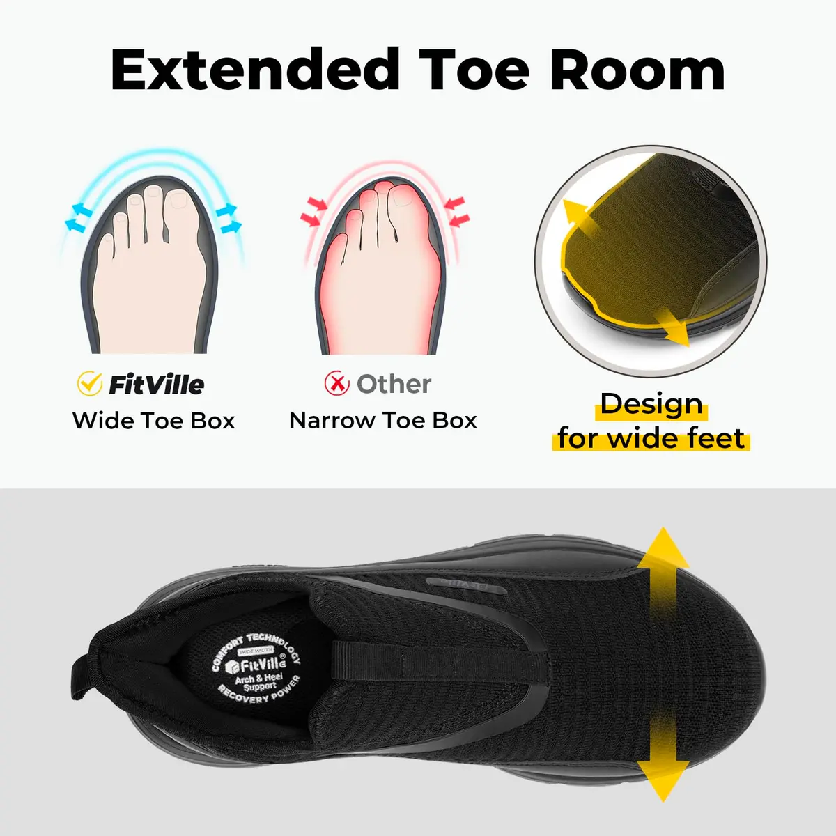 FitVille Men's Extra Wide Slip-On Walking Shoes with Arch Support & Step Ease V2, Size 15 Wide (38.1 cm / 15 in) | Pain Relief Sneakers - view 3
