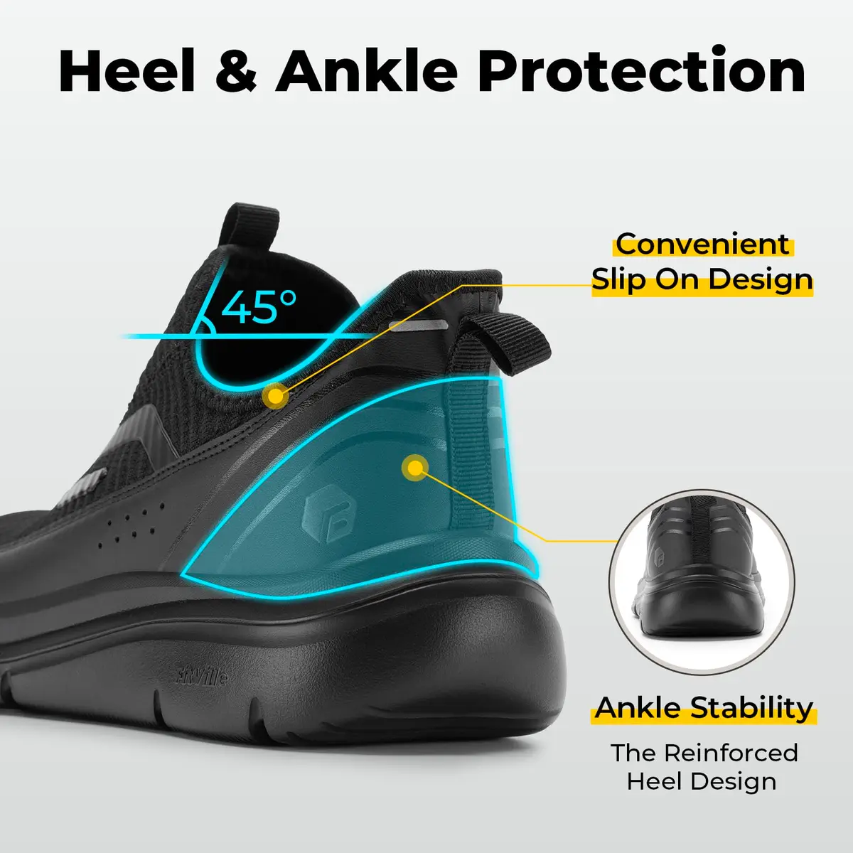 FitVille Men's Extra Wide Slip-On Walking Shoes with Arch Support | 26.9cm (11.5 X-Wide) Jet Black - view 7