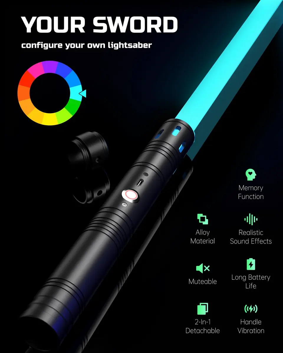 Viglaschill Dueling Lightsaber Set with Metal Hilt & Detachable Double Blades | RGB 15 Color, FX Sound, USB-C Rechargeable for Kids - view 5