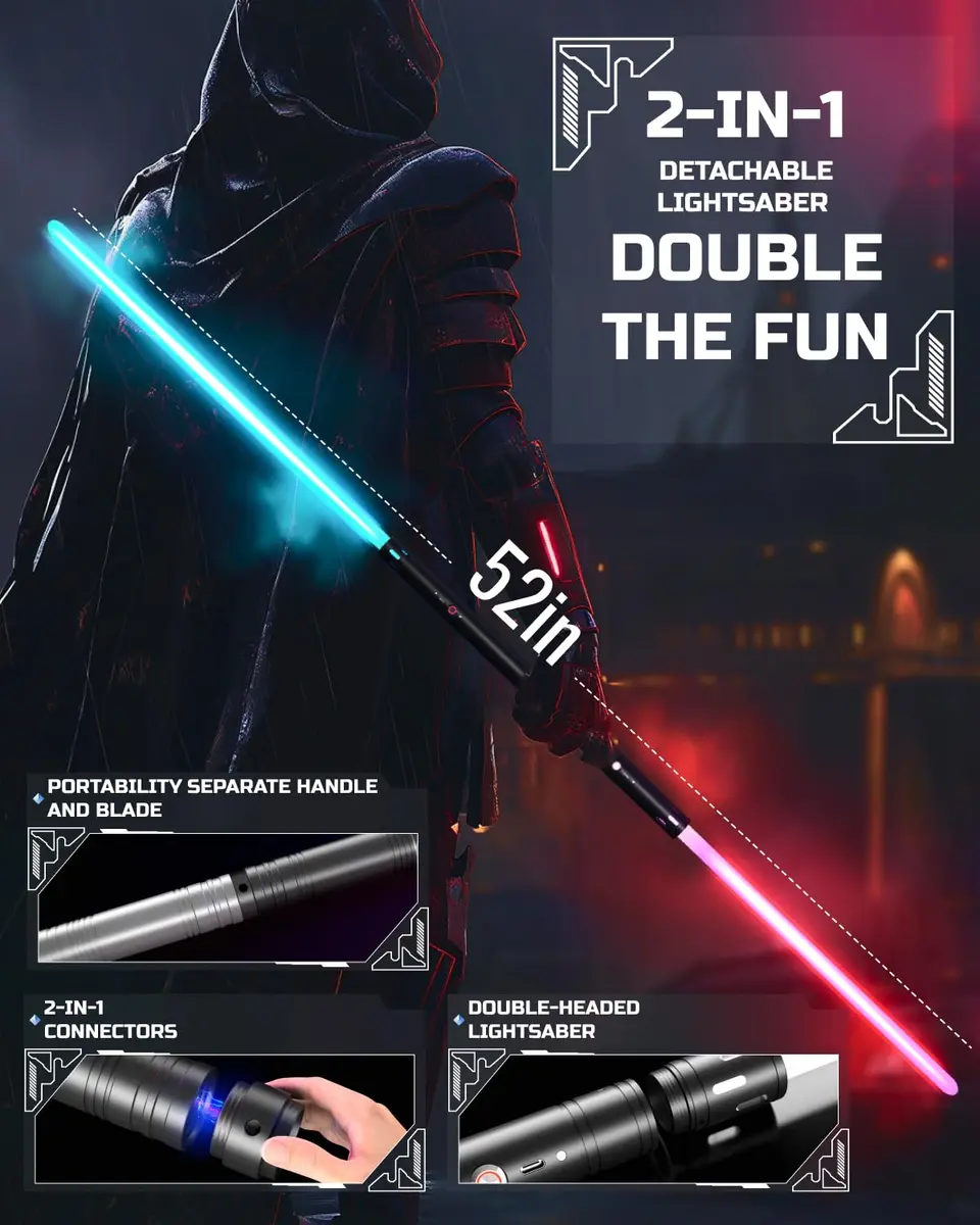 Viglaschill Dueling Lightsaber Set with Metal Hilt & Detachable Double Blades | RGB 15 Color, FX Sound, USB-C Rechargeable for Kids - view 3